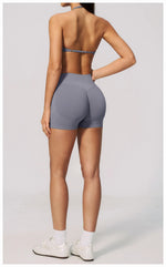 Seamless Yoga Suit Women Exposed Back Pleate Sports Bra High Waist Shorts Fitness Sets Outdoor Running Athletic Wear Tracksuit