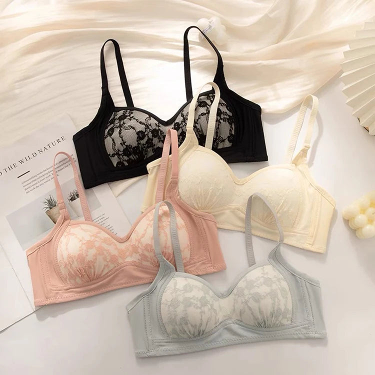 Summer Lace Half Cup Bra Small Bust Beachwear Gathering Light Support Pure Bralette Ultra Thin Wirefree Set AU MOYISU S-XL-32-38