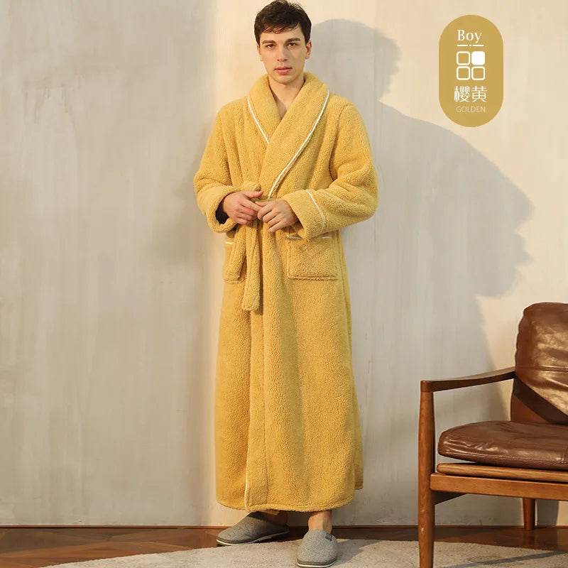 Men's and Women's Styles Winter Bathrobe Long Sleeve Warm Turn Down Collar Fluffy Bath Robe with Sashes Solid Fleece Gown 2025