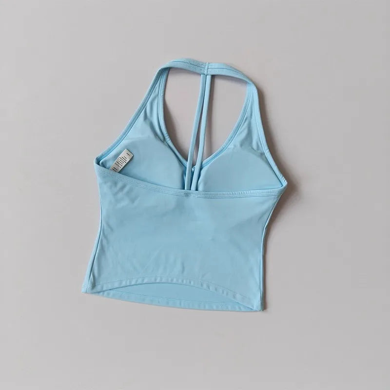 Women's Summer V-Neck Yoga Sports Vest Hanging Back Neck Design Outdoor Running Training Gathered Fit Active Wear Top
