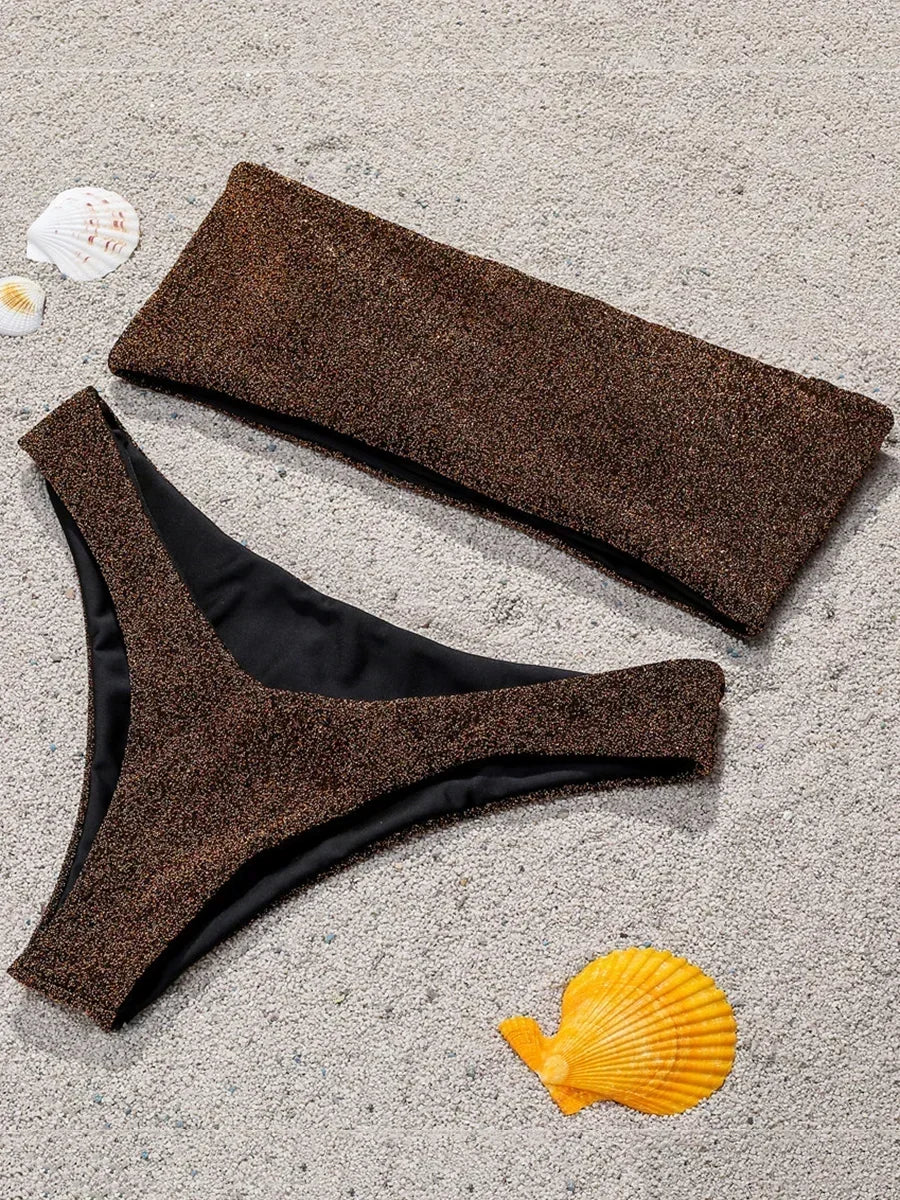 2025 Shiny Sparkling High Waist Bikini Women Bandeau Swimsuit Female Swimwear Two Pieces Bikini set High cut Bathing Suit Swim