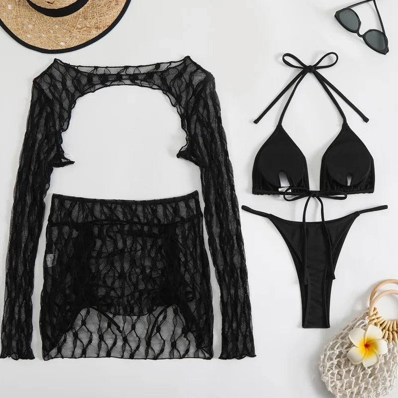 Toucheart Sexy Lingerie Suit for Women Mesh Four-piece Beach Swimsuit Sexy Bikini Solid Color Long Sleeves Mesh See-through Set