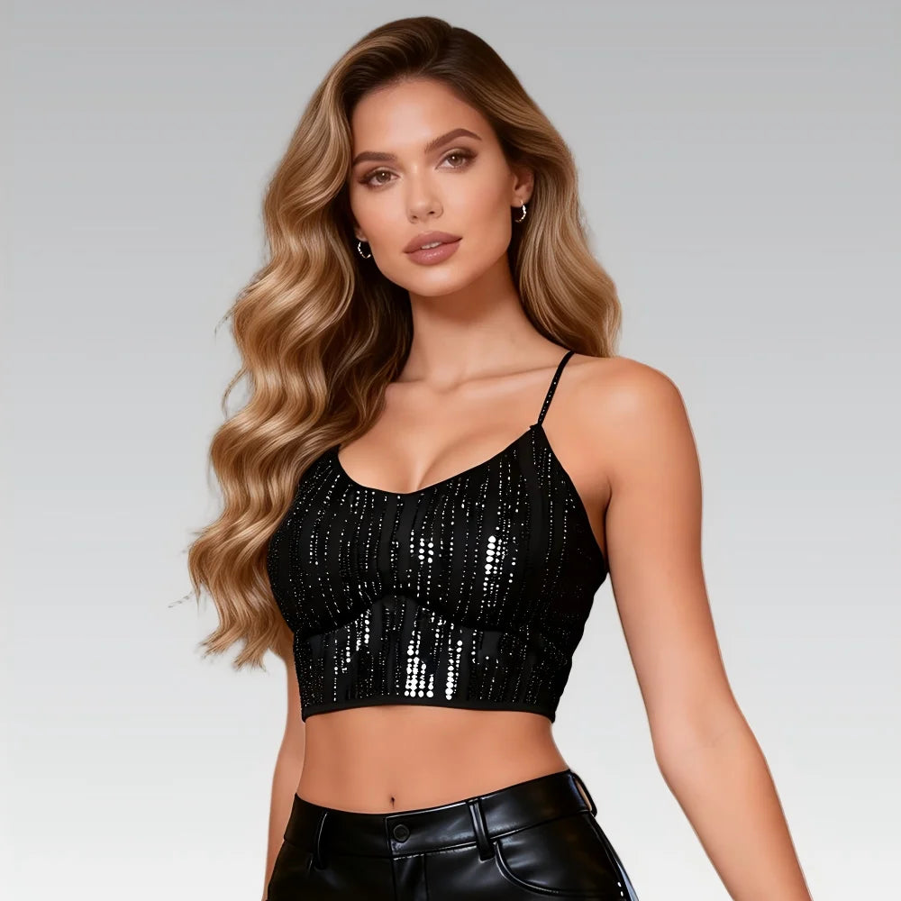 Black Rhinestone Camisole for Women Sexy Slim Fit Seamless Backless Short Top Night Out Clubwear