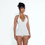 Women Halter Shorts Jumpsuits Summer Polka Dot Print V-Neck Backless Bodysuits Casual Sleeveless Rompers Club Streetwear
