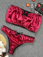 Women's Sexy Lingerie Set Black Lace Trim Strapless Tube Top + Shorts Solid Color Outfits Chest Wrap Backless Crop sleepwear