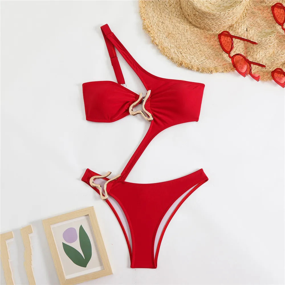 Sexy Black One Shoulder Swimwear One Piece Swimsuit Women 2026 Hollow Out Monokini Metal Ring High Cut Bathing Suit Swim Wear