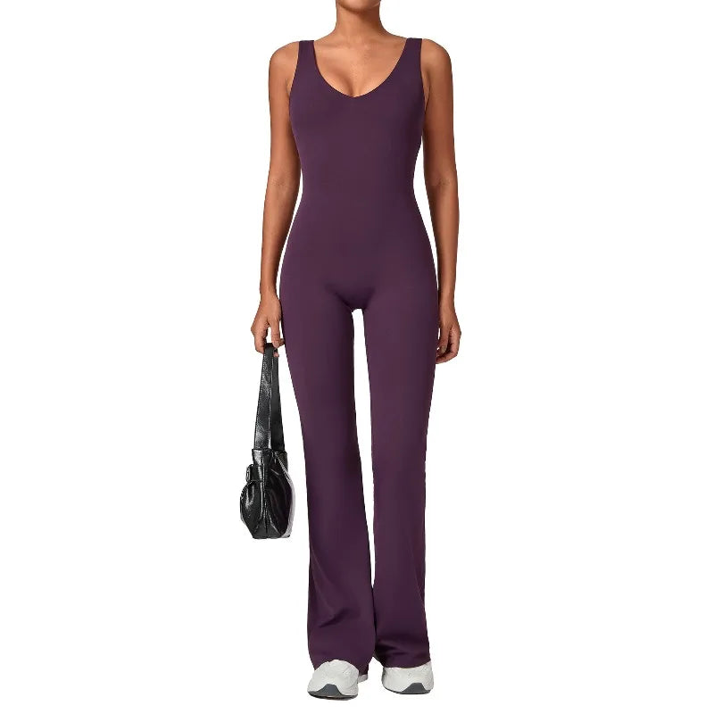 Women's Seamless Yoga Jumpsuits Sports Fitness Sleeveless Hip-lifting Flared One-piece Workout Gym Training Slim Fit Bodysuits