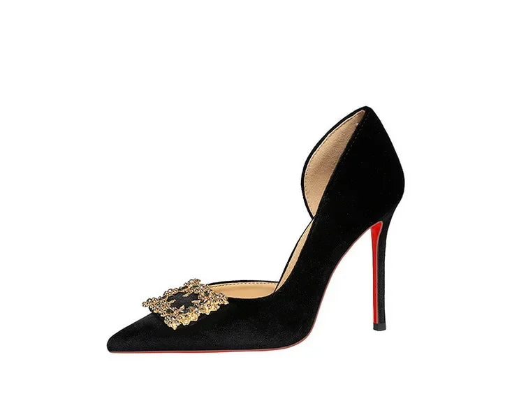 Women 10cm Super High Heels Pointed Toe Side Hollow Work Pumps Metal Crystal Buckle Velvet Stiletto Fashion Banquet Lady Shoes