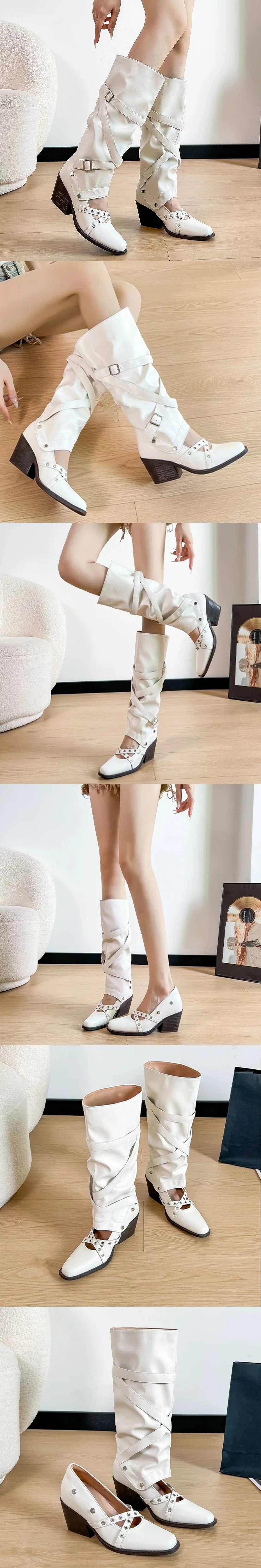 Vintage Y2k Slouchy Knee High Western Boots Women Chunky Block Heel Summer Cowboy Knee High Boots Motorcycle Boots Shoes