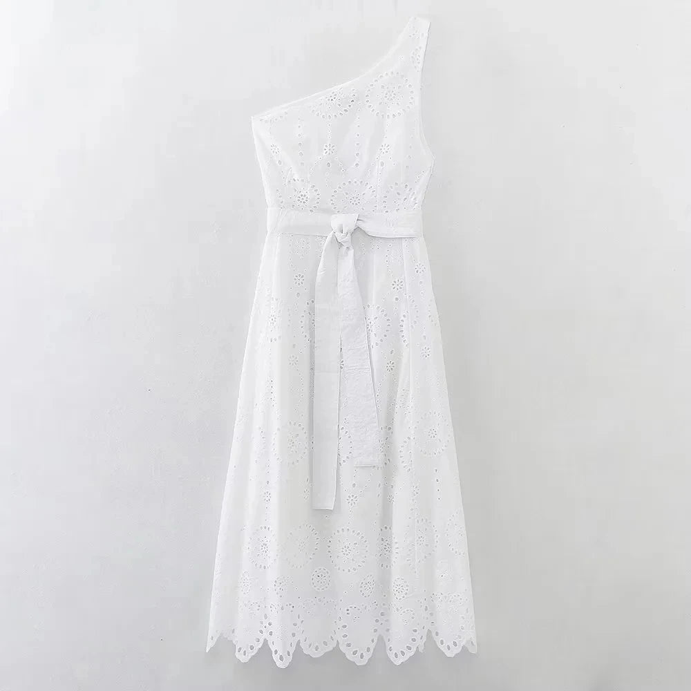 Foridol White One Shoulder Autumn Cotton Dress Women Winter Casual Dress Vestidos Maxi New Embroidery Boho Beach Dress Holiday