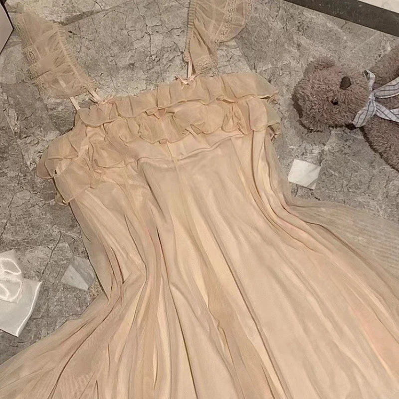 Spring Nightdress WomenLace Sweet Nightgown Home Dress Pajamas Summer Girl Princess Style Soft Sleepwear Nightwear Outwear