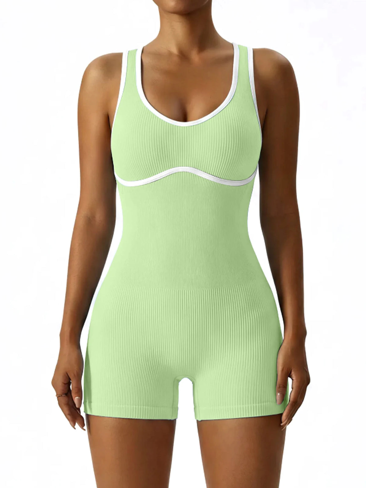 Sleeveless Contrast Trim Backless Yoga Romper Seamless Body Shaping Sport Jumpsuit for Running Training
