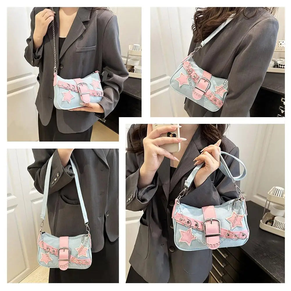 Fashion Women's Handbags Denim Stars Pattern Cool Girls Underarm Bag Female Small Shoulder Hobo Bags Chain Tote Bag