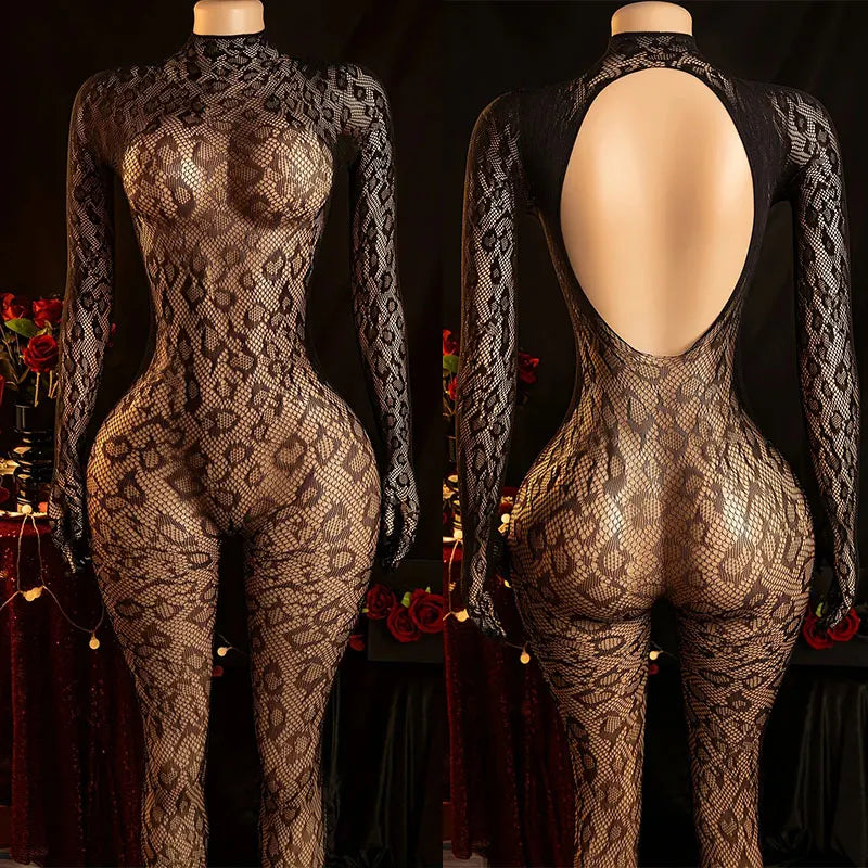 Women's One-Piece Trousers Tights Long Sleeve Half See-through Off-Shoulder Party Outfit Crotchless Bold Underwear Sexy Body Set