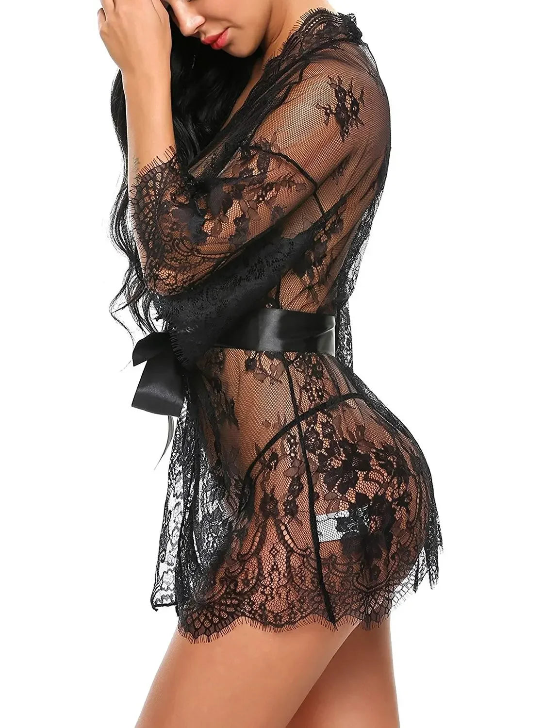 Women Sexy Lingerie Babydoll Erotic Transparent V-Neck Nightdress Robe G-string Costume Lace Sleepwear Dress