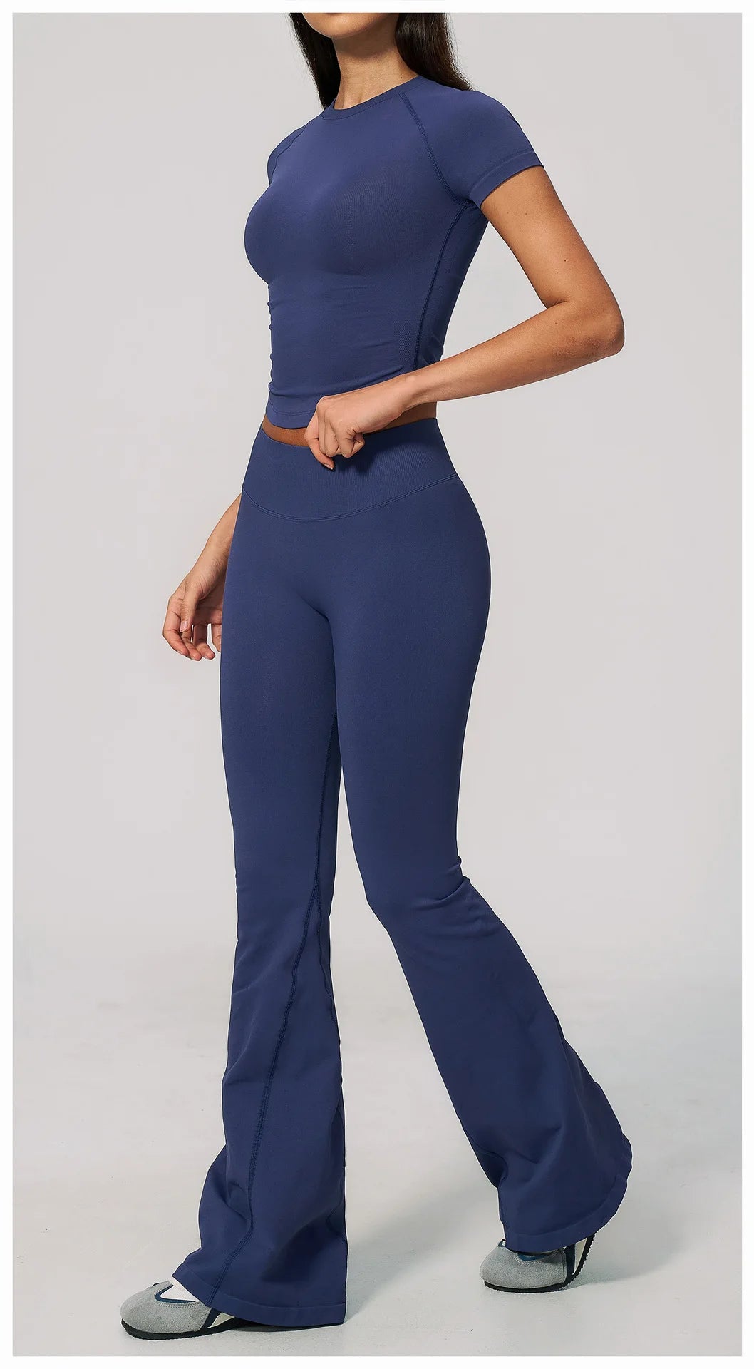 Seamless High Elasticity Yoga Sets Women Short Sleeve O Neck Sports T Shirts Workout Outfits Running Wide Leg Pants Fitness Suit