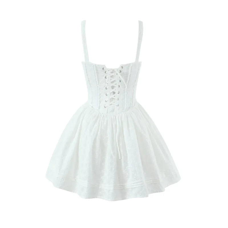 Vietnamese Sweet Lace Embroidered Tie-Waist Dress For Women Thai First Love Patchwork Pleated Puffy Short Skirt Pure Desire WPN1