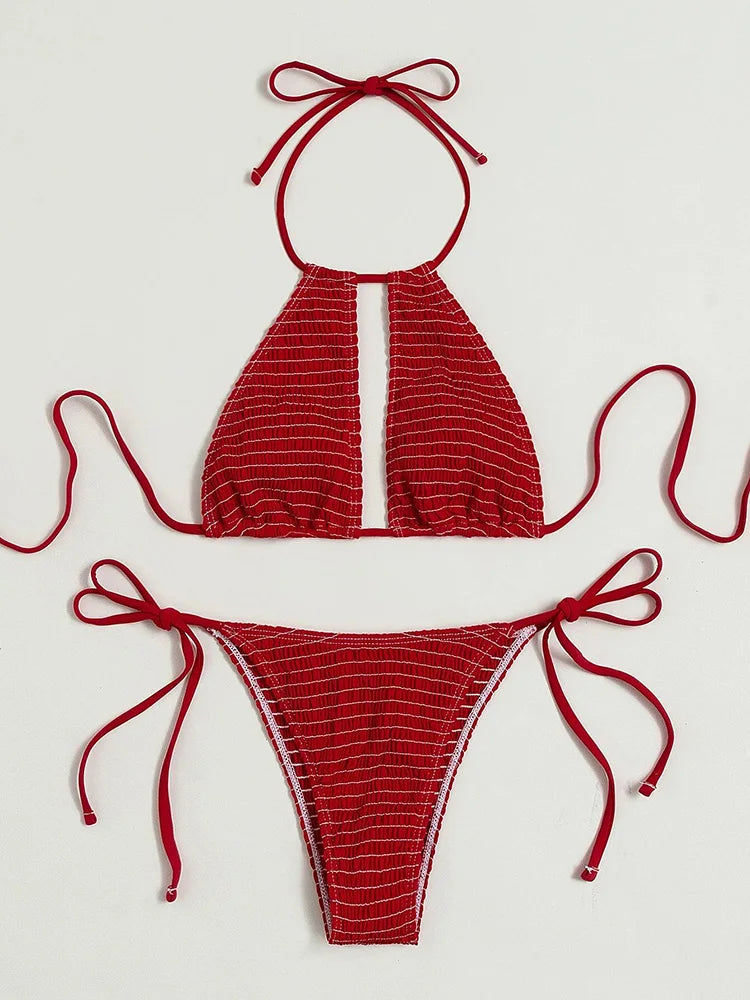 2025 Halter Tie Side Hollow Out Smocked Bikini Women Swimsuit Female Swimwear Two Pieces Bikini Set Swim Bathing Suit Beach Wear
