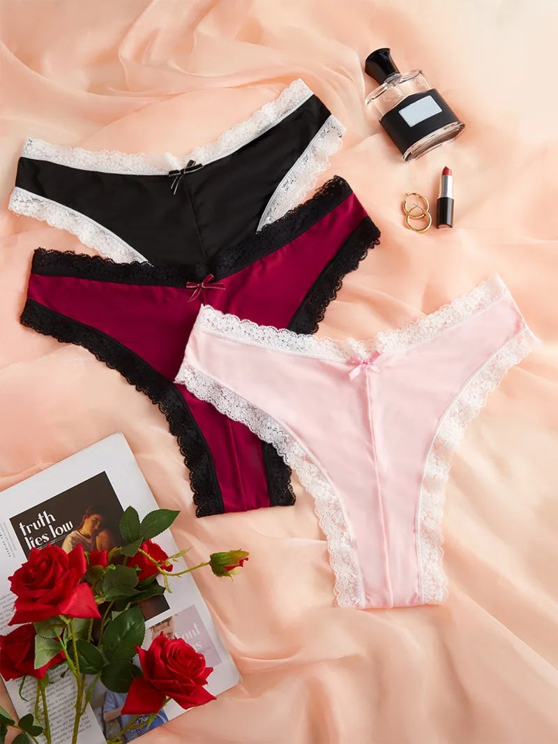3pcs/Set Women's Low-Rise Triangle Panties French Lace Patchwork 2-Color Briefs Thin Gusset Chic Delicate Intimate Underwear