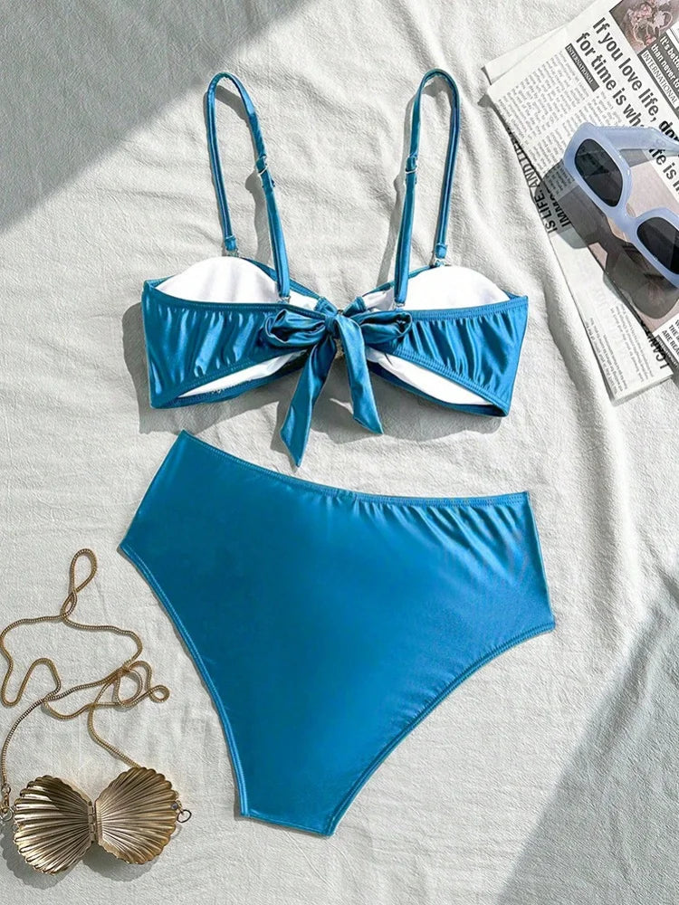 Sexy Metal Shell High Waist Bikini Set Women Black Coffee Pleate Push Up Two Piece Swimsuit 2026 Holiday Bathing Suit Swimwear