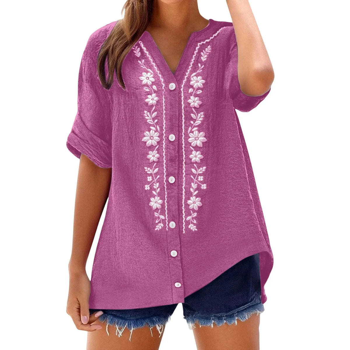 Womens V Neck Embroidered Linen Tunic Shirt Roll Up Sleeve Button Down Loose Fit Casual Boho Blouse Vintage Summer Beach Shirts