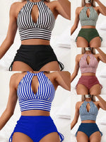 Striped High Waist Bikinis Women 2024 Cut Out High Neck Two Pieces Swimsuit with Shorts Separate Bikini Set Swim Bathing Suits