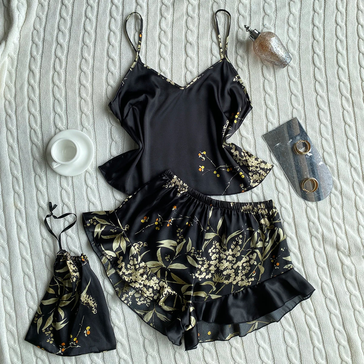 Elegant Floral Print Cami Tops Ruffle Hem Shorts Pajama SetWomen's Sleepwear Loungewear