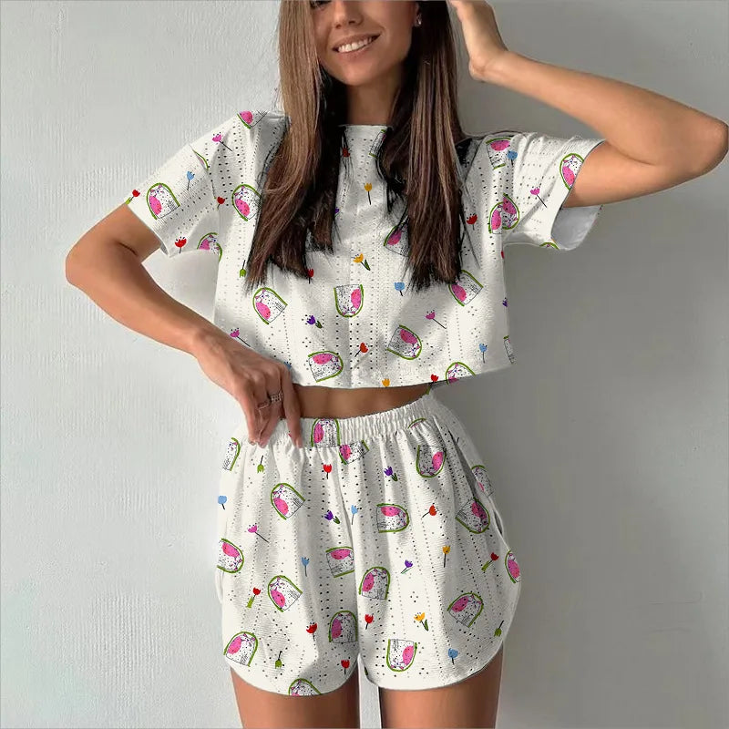 New Women's Pajama Set Women's Short Sleeve Shorts Hollow Breathable Printed Summer Sexy Fashion Two Piece Pajama Home Clothes