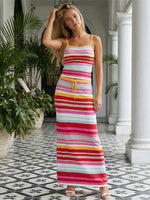Women’s Bohemian Style Striped Two Piece Outfits Spaghetti Strap Tank Tops and Long Skirt Sets Summer Beach Street Wear