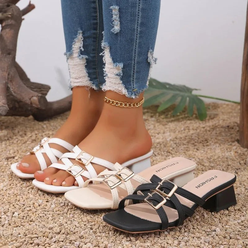 Gladiator Slippers Women Calfskin Square Toe Cross-tied Woven Buckle Strap Solid Color Flats Summer Female Shoes