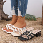 Gladiator Slippers Women Calfskin Square Toe Cross-tied Woven Buckle Strap Solid Color Flats Summer Female Shoes