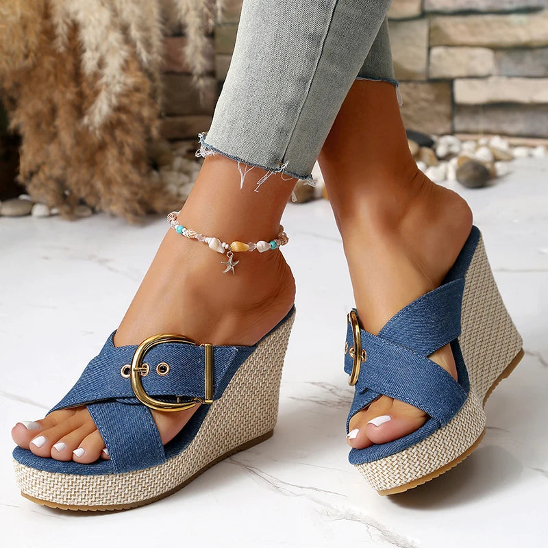 Denim Cross Stap Wedge Heeled Sandals Women Summer Peep Toe Chunky Heel Slippers Woman Plus Size 43 Slip On Platform Sandles