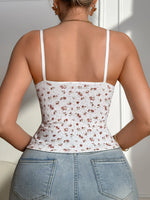 Women Floral Print Ribbed Cami Top Lace Trim Sleeveless Tank Tops Bow Spaghetti Strap Slim Fit Casual Camisole