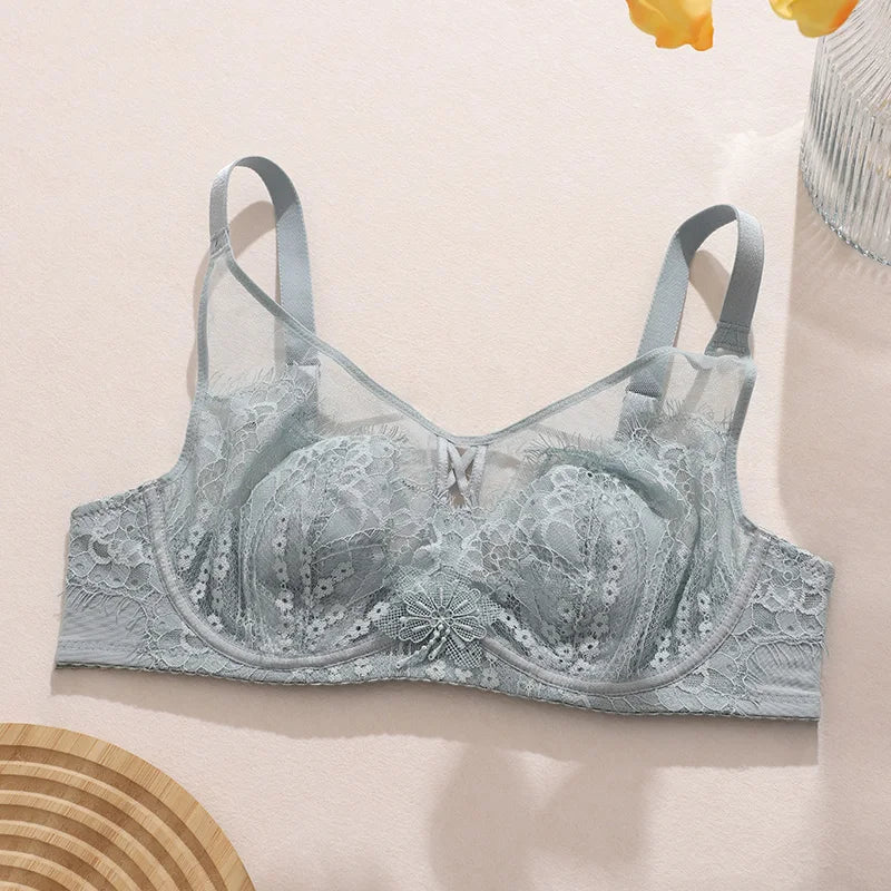 Women's Plus Size Thin Bra Sexy Lace Mesh Bra Cotton Thin Cup Wireless Push Up MinimizerBralette 70-90BCD CW9470