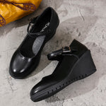 2026 New Ankle Buckle Wedges Heel Pumps Women Black Pu Leather High Heels Mary Jane Shoes Woman Plus Size 42 Office Pumps Ladies