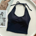 Women's Halter Neck Sports Bra Vest Slimming Tube Top for Yoga Gym Running Beautiful Back Sling Design One Cup Gathered Summer F