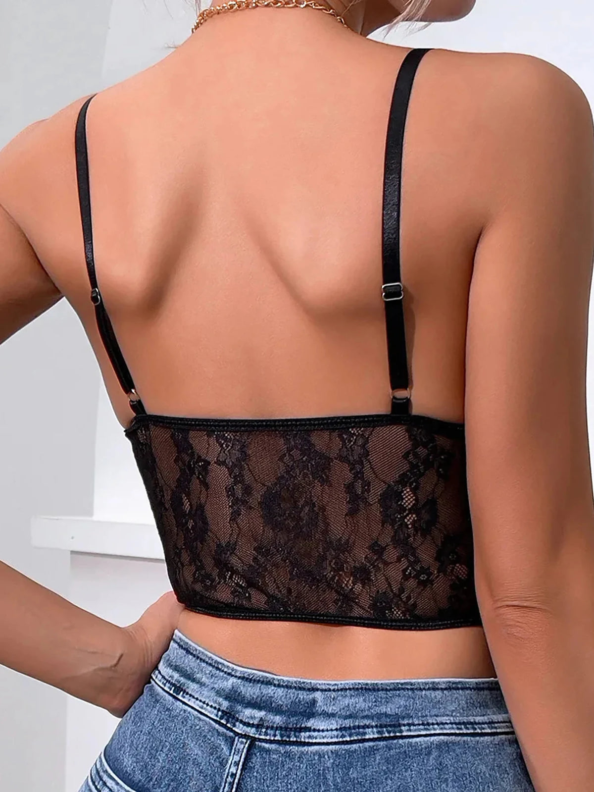 1 Piece of Black Lace Ruffled Tulle Corset, New Fashionable and Sexy Backless Fishtail Thin Strap Hollow Mesh Style