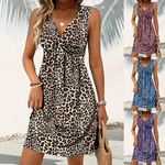 Summer Style Leopard Print Mini Dress Women Fashion Vacation Elegant Vintage V-neck Sleeveless Vestidos Nightclub Party Dresses