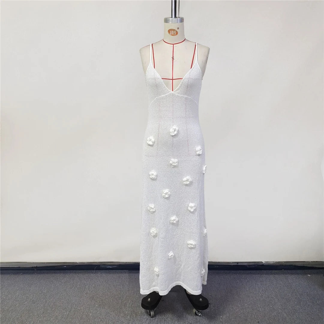 Elegant 3d Flower Knitted Dresses For Women V-neck Backless Sleeveless Lace Up Female Maxi Dress Summer Lady Beach Dress V6211