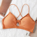 Front Hollow Out Ribbed Bralette Criss Cross Back Thin Straps Removable Chest Pads Wireless Bra Breathable Daily Underwear