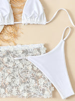 Sexy Shiny Sequin Blue White Bikini Set Women 3D Mesh Flower Cover Up 3 Piece Thong Swimsuit Beach Holiday Bathing Suit Swimwear