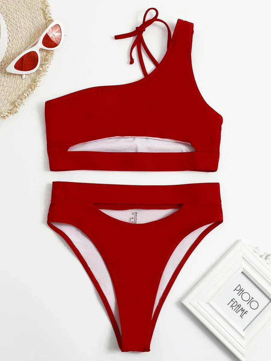 Asymmetric One Shoulder High Waist Bikini Women Swimsuit Female Swimwear Two-pieces Bikini Set Tummy Cut Out Bathing Suit Swim