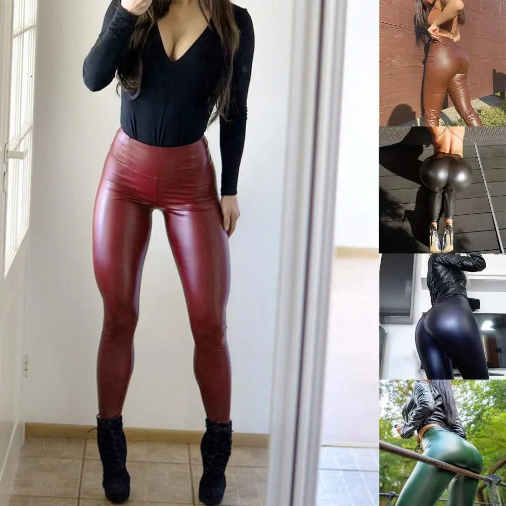 High Waist Solid Color Women Pants Hip Lifter Elastic Waist Windproof Faux Leather Pants Ladies Clothing