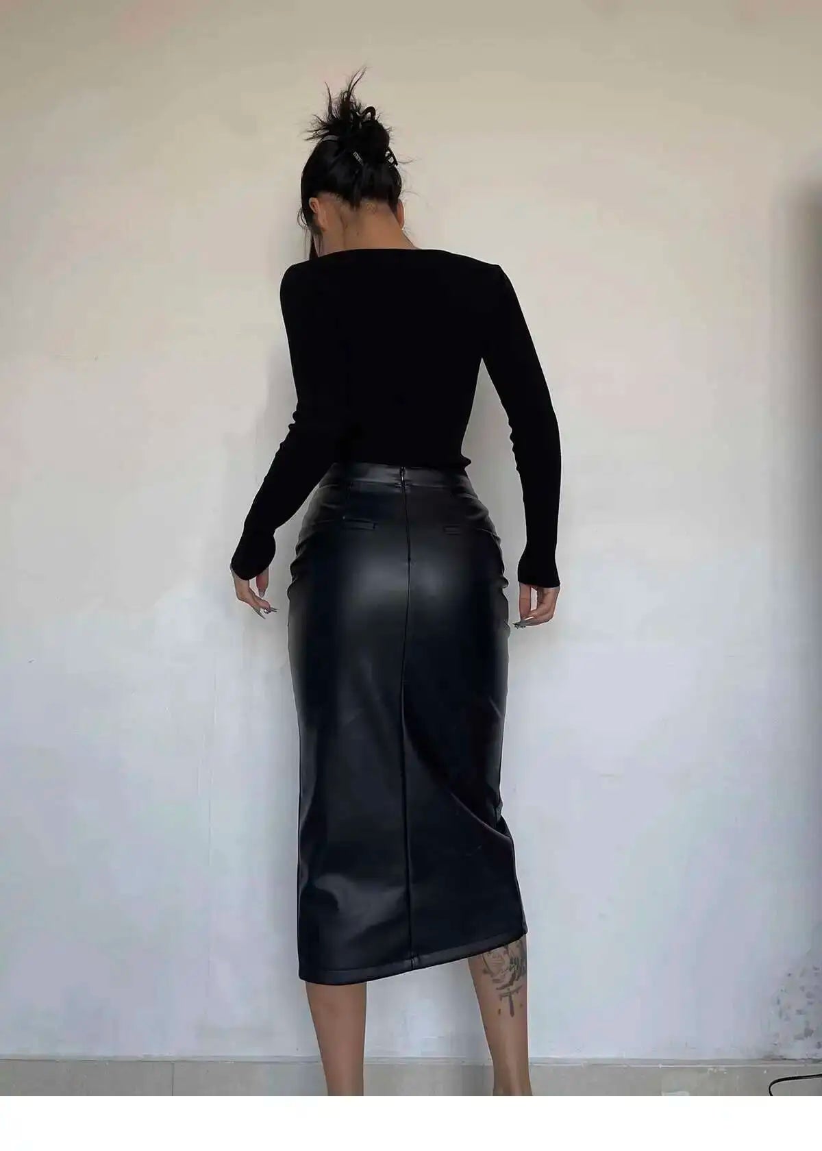 Sexy One Step Split PU Leather Half Skirt For Women's New High Waisted Slim Streetwear Black PU Fashion Womne Mini DressYTM8