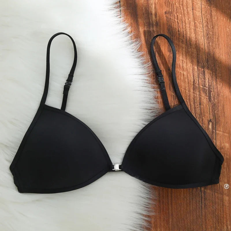 MOYISU French Style Triangle Bra Thin Strap Halter Neck Invisible Front Fastening Elegant Wireless Bralette Sophisticated AB Cup