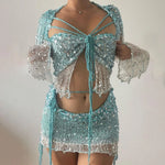 Glitter Sequins Knitted Skirt Sets Women Fashion Hollow Sequins Bandage Tube Top Mini Skirts 3 Piece Outfit Vacation Clothing