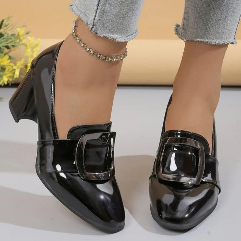 Black Pu Leather Heel Pumps Women 2025 Retro Metal Decoration Slip On Pumps Woman Square Toe Non Slip High Heels Shoes Ladies
