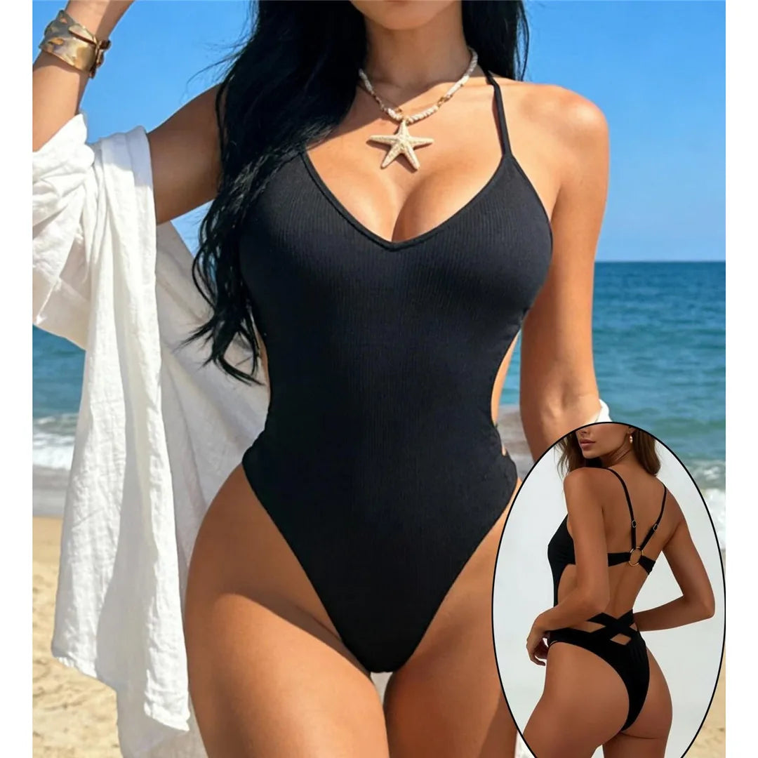 Sexy V Neck Halter Ribbed One Piece Swimsuit Monokini Backless High Cut Leg Bather Bathing Suit Swim Women Swimwear Female K8121