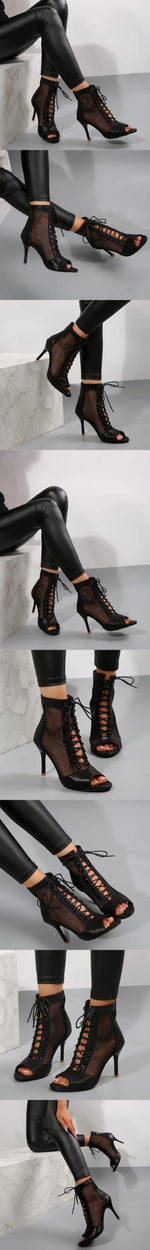 EUR Size 43 Sexy High Heels Dance Shoes Black Lace-up Thin Heeled Stiletto Ankle Boots Silver Peep Toe Summer Boots Party Shoes