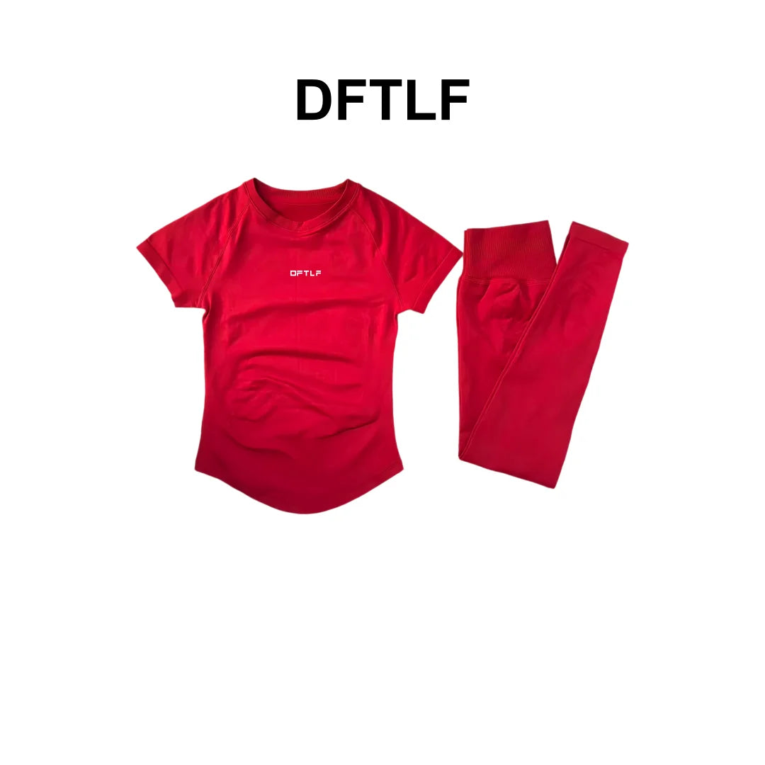 DFTLF 2 Pieces Women Yoga Set Slim Short Sleeve Top High Waist Leggings Seamless Workout Gym Fitness Quick Dry Sportswear Suit